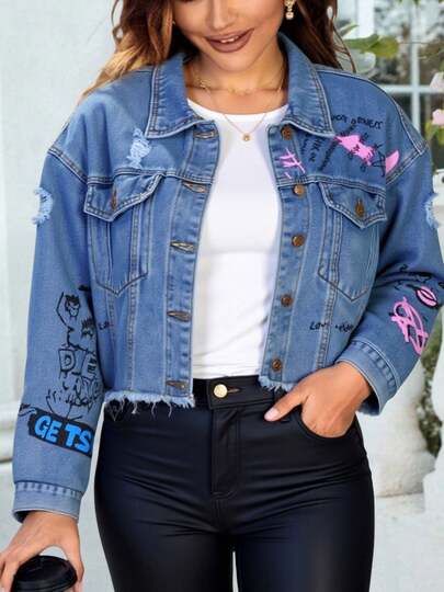 Mujer chaqueta urbana dama casual de mezclilla con estampado letras y efecto desgastado holgada cuello camisero manga larga primavera otoño uso diario