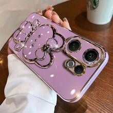 1pc Electroplated TPU Rabbit Phone Holder + 1pc Electroplated Gold Rabbit Hidden Mirror Phone Case + Beaded Flower Bracelet Compatible With IPhone 16, 15 Pro, S24, S23, S22, S21, A11, A12, A13, A14, A53, A54, OPPO A54, Vivo Y21, Redmi Note 9 Pro - Purple - View 3