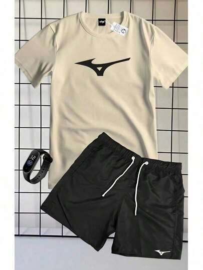 Conjunto Camiseta 100% Algodão Manga Curta Gola Careca e Shorts Tactel com Bolsos e Cordão Estampa Tenis MIZZU + Relógio Brinde Verão Praia Festas Final de Ano