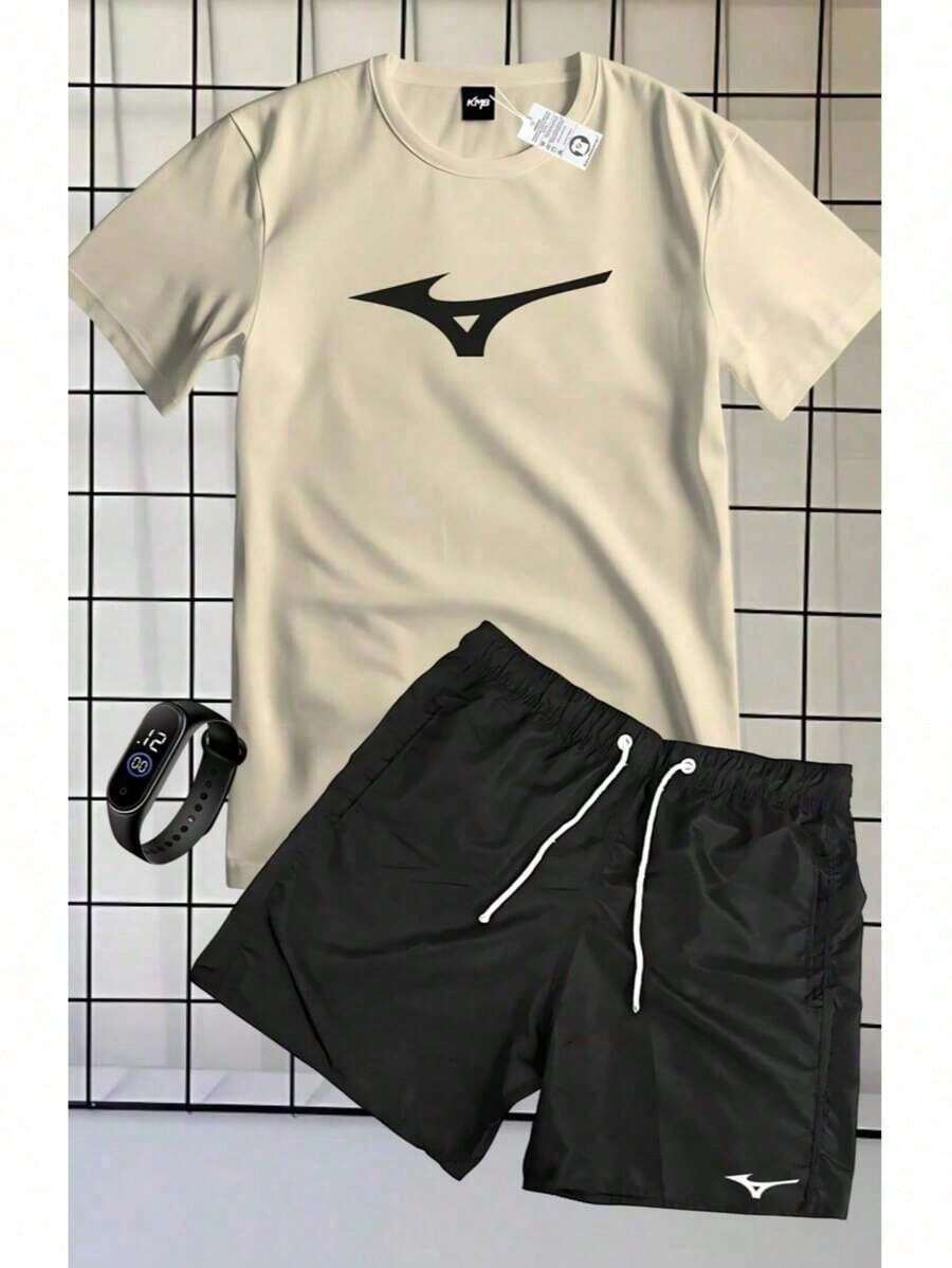 Unmissable Set Of 100% Cotton Short-Sleeved T-Shirt And Tactel Shorts With MIZZU TENNIS PRINT + FREE WATCH - Beige - View 1