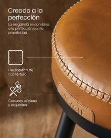 VASAGLE EKHO Colección - Juego de 2 Taburetes de Bar, Sillas Giratorias de Barra con Respaldo, Cuero Sintético con Costuras, Moderno Siglo Medio, Altura 76 cm, Barra Cocina, Marrón Caramelo - Granate - Ver 3