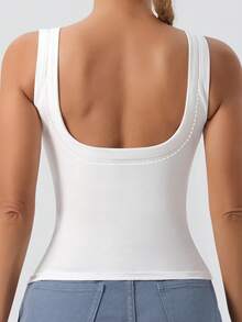 1pc U-Neck Backless Removable Padded Slim Fit Casual White Basic Camisole Top - White - View 3