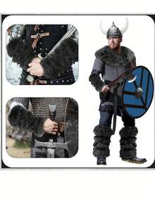 Set de 5 piezas Disfraz de caballero vikingo retro de peluche marrón, adecuado para Halloween, carnaval, cosplay - Marrón - Ver 4