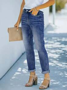 大码女式修身百搭街头风格直筒牛仔裤，老款风格，返校，老师，秋季，卡普里裤，办公室装，复古，妈妈牛仔裤，夏季，下装，牛仔布，商务休闲 - 藍色 - 查看 4