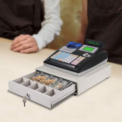  WUPYI The Product Is Made Of High-Quality Stainless Steel And Plastic, Adopting Spraying And Galvanized Processes, With High Strength, Wear Strong Compression Resistance, And Long Service Life This Product Comes With 2 Strings Of Programming Keys, Each String Of 3 Can Control Three Different Permissions 4 Compartments With Clips And 5 Coin Slots Allow You To Sort And Store Bills And Coins, Keeping Bills And Coins Neat And Orderly The Cash Register Includes 36 Departments, 10,000 PLUs, 10 Cashiers, And 50 Salesperson IDs, Meeting Your Multiple Work Needs Black, White