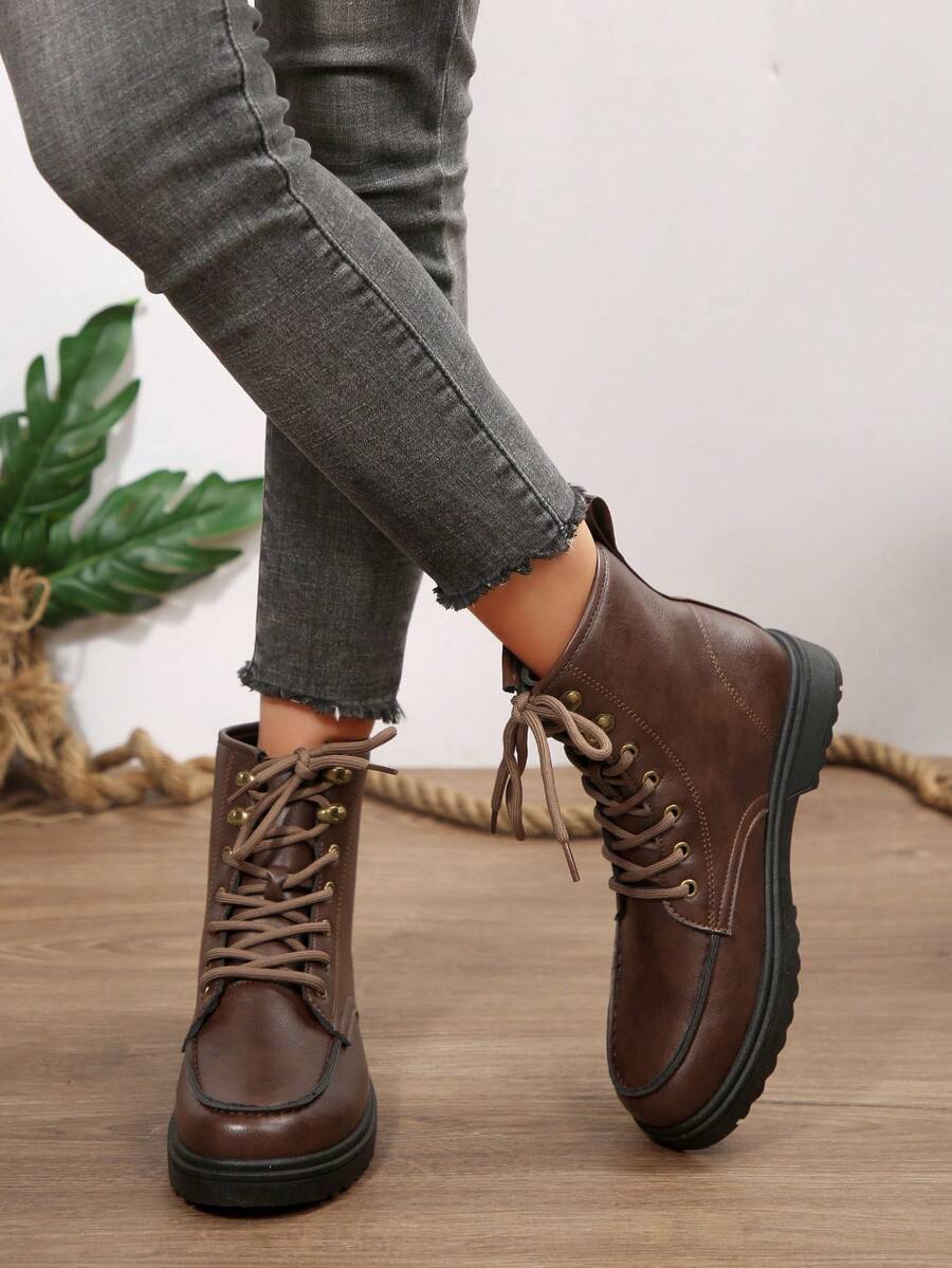 女士秋冬新款切尔西棕色厚底7孔系带软舒适轻便套穿厚底踝靴、骑马靴、短靴、中筒靴 - 棕色 - 查看 1