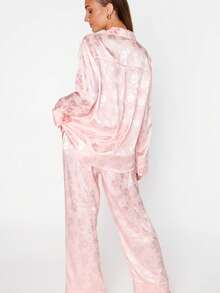 Women's Satin Floral Jacquard Pajama Set - Long Sleeve Button-Down Shirt  Wide-Leg Pants  Elegant Loungewear - 粉色 - 查看 4
