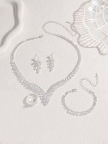 1 Set Women's Luxury Fashion Silver V-Shaped Zirconia Necklace, 4pcs Jewelry Accessories Suitable For Wedding, Party, Ball, Gift