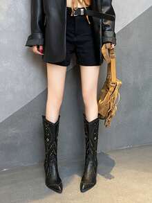 2025 Nouvelles bottes mode femme, style western  avec rivets, bout pointu, talon épais. Idéal pour les vacances en automne/hiver