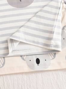 Set de 4 piezas de pijama de manga larga con estampado de rayas y animales para niños, de tela suave y cómoda, apto para uso diario - Rosa - Ver 9