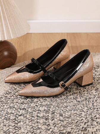 2025 New Fashionable Women's Elegant Champagne High Heels. Black Strap Buckle Contrast Color Pointed Toe Pumps. Thick Heel Pointed Toe Slip-On Shoes For Office Commute