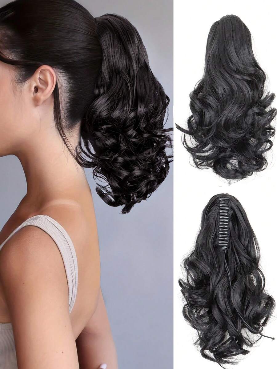 马尾接发卷发夹式接发自然外观合成假发片深棕色女士 - 彩色 - 查看 1