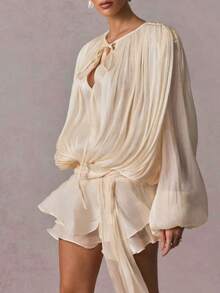 Women's Elegant Ruffle Mini Dress Long Lantern Sleeve V-Neck Lace Up Layered Pleated Loose Short Dress Tie High Waist Cocktail Swing Mini Dresses - 杏色 - 查看 2
