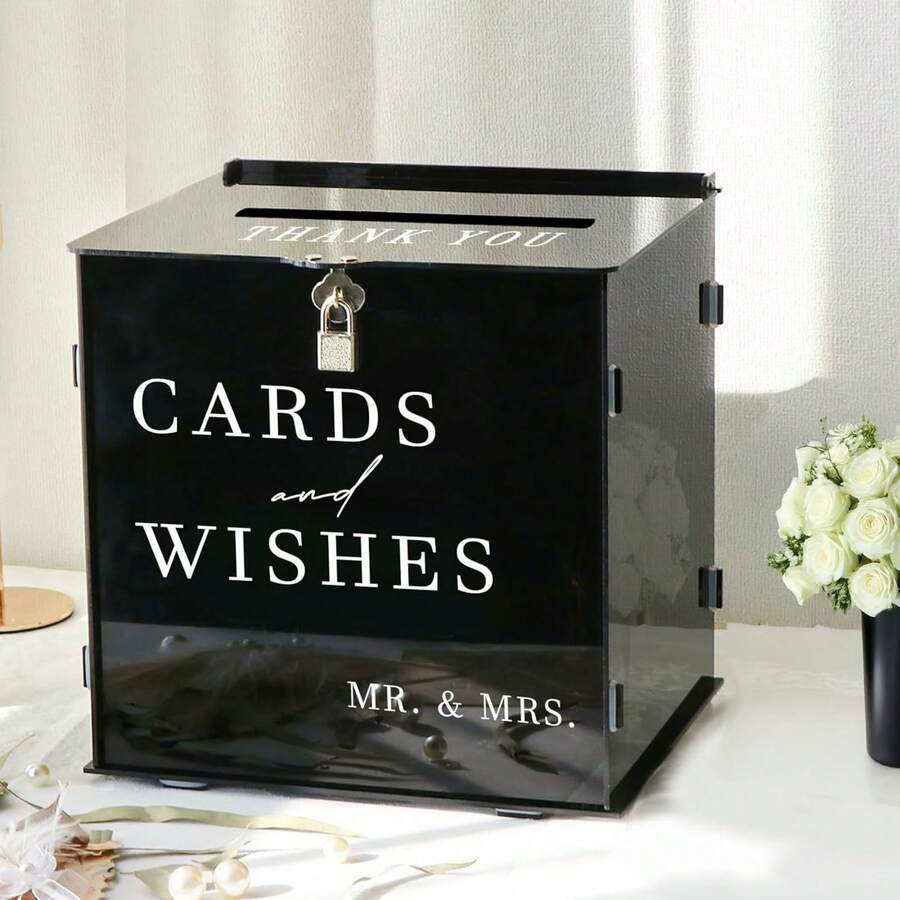 Black Acrylic Card Box With Slot & Lock, DIY Large Wedding Card Boxes For Reception, Elegant Money Envelop Gift Cards Box For Party Wedding Birthday Baby Shower Graduation Table Decor - Black - View 1