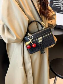 1 件女士时尚方形手提包，优雅斜挎包，带手机袋，黑色，带樱桃吊饰 - 黑色 - 查看 7