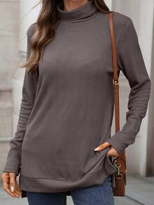 Womens Knit Tops Fall Long Sleeve Turtleneck Solid Color Slit Hem Casual Pullover Sweater - Coffee Brown - View 4