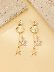 1 Pair Romantic Ocean Style Seashell & Starfish Tassel Earrings, Elegant Faux Pearl Dangle Earrings, Charming Women Jewelry, Summer Earrings Suitable For Daily Wear, Beach Date And Vacation