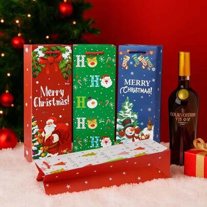4PCS Christmas Wine Bags Kraft Paper Printing Handbag Candy Snack Packaging Box Gift Bag Christmas Christmas Decorations Christmas Pajamas Christmas Gifts Christmas Decor
