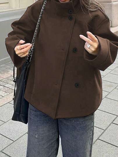 女式单排扣长袖保暖时尚大衣，纯色针织面料，带纽扣