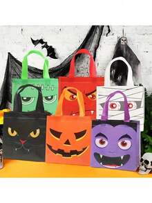 24个/1个万圣节卡通礼品袋，采用无纺布材质，带提手。这些可重复使用且防水的袋子非常适合生日庆祝活动、万圣节主题派对、万圣节无纺布袋、恐怖南瓜表情礼品袋、万圣节活动、节日聚会、零售购物和礼品包装、家庭生日派对礼品包装装饰。
