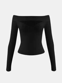 XLLAIS Fall Winter Clothes For Women 2025 Sexy Long Sleeve Black Off The Shoulder Tops High Strech Hollow Out Fitted T Shirt Christmas Party Wear - Black - View 10