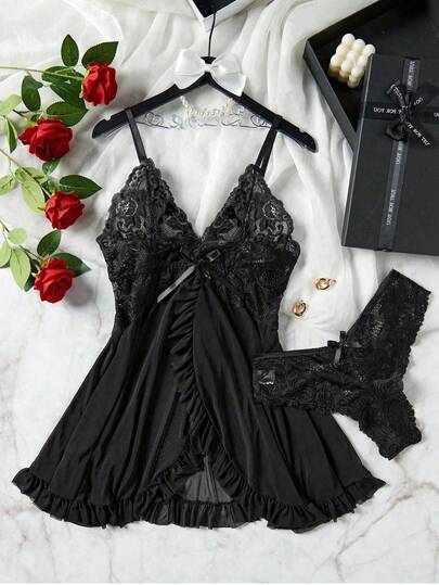 Plus Size Women Kanten Mesh Patchwork Neck Chemise Lingerie Set, Verleidelijke Nightwear Home Wear view 4