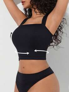 ملابس علوية كامي بلا أكمام للنساء، تي شيرت مربع الرقبة مرن بلا أكمام، ملابس علوية كامي قصير - الأسود - مشاهدة 6