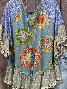 1 Women's Vintage Mixed Floral Print Vintage Loose Top Shirt With Ruffle Cuffs And Hem, Leopard And Floral Pattern, Women's Clothing - Màu sắc - Xem 2
