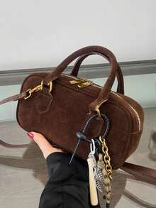 Vintage Fashion Versatile Texture Boston Bag, Exquisite Hanging Decoration Large Capacity Small Square Bag, Niche Design Solid Color Imitation Suede Crossbody Bag, Suitable For Commuting, Shopping And Work - Coffee - View 8