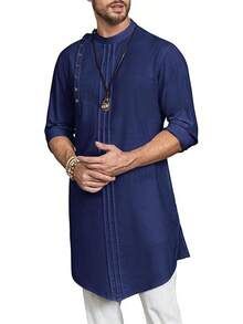 Mens Long Sleeve Robe Gown Casual Cotton Linen Button Muslim Shirt - 海軍 - 查看 2