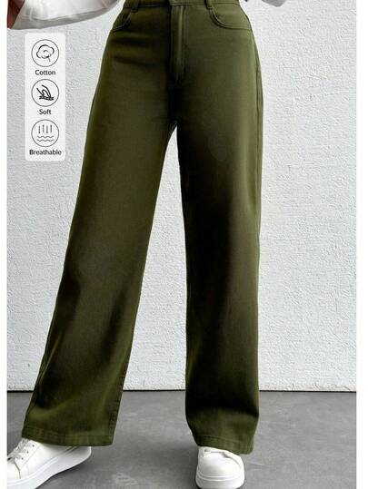 Women High Waist Linen Wide Leg Pants, Casual Solid Color Button Fly Pocket Design