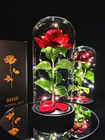 1 pieza Rosa LED en lámpara decorativa con cúpula, regalo del Día de San Valentín para ella, decoración de habitación con flor artificial y luz cálida, rosa roja y hojas verdes, regalo del Día de San Valentín, decoración del hogar (Baterías AAA no incluidas)