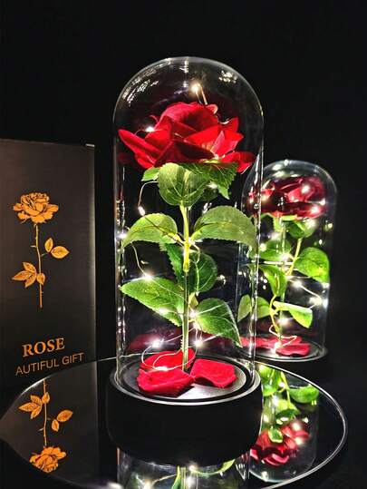 1 pezzo Rosa LED in cupola, lampada decorativa, regalo di San Valentino per lei, decorazione per la stanza, fiore artificiale con luce calda, rosa rossa e foglie verdi, regalo di San Valentino, decorazione per la casa (batterie AAA non incluse)