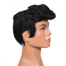 1 szt. Modna męska czarna falowana peruka disco, peruka z włókien chemicznych do cosplayu gwiazdy rocka z lat 50., odpowiednia do noszenia na co dzień, na urodziny, występy, włókno odporne na ciepło, do odgrywania ról, na Halloween, na święta Bożego Narodzenia, na imprezy, festiwale muzyczne, wesela, tańce