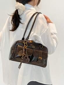 Vintage One Shoulder Bag, Multi-Pocket, Women's Bag, Faux Leather Material, Solid Color Retro, Large Capacity Women's Shoulder Bag, Comes With Pendant (Pendant May Vary Slightly By Batch)