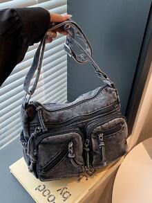 New Casual Chic Soft Jeans Multi-Layer Crossbody Bag With Multiple Pockets, Versatile Commuter Large Capacity Women's Shoulder Bag, Suitable For Work Commuting, Shopping And Traveling. - Black - View 5
