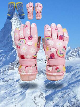 1 Pair Kids Cute Printed Anti-Slip Adjustable Magic Tape Ski Gloves