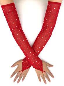 1pc New Fashionable Wedding/Holiday Sheer Mesh Fingerless Long Gloves, Lightweight & Breathable - Red - View 3