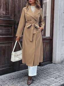 女式口袋纯色双排扣长款风衣，女式秋季服装 - 卡其色 - 查看 7