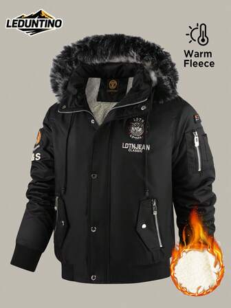 LEDUNTINO Chaqueta acolchada con capucha para hombre, forrada térmicamente, con múltiples bolsillos y bordado de letras con iconos, ideal para el uso al aire libre en otoño e invierno