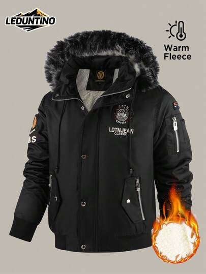 LEDUNTINO Men's Thick Warm Hooded Jacket For Autumn/Winter, Multi-Pocket Design With Letter Embroidery And Icons, Fully Lined For Warmth, Ideal Outdoor Wear
