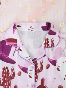 2 件套女孩和青少年休闲卡通奶牛和仙人掌印花翻领长袖开衫和裤子睡衣套装，阻燃，适合万圣节，四季