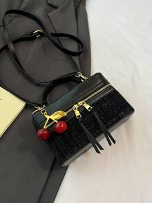 1 件女士时尚方形手提包，优雅斜挎包，带手机袋，黑色，带樱桃吊饰 - 黑色 - 查看 8