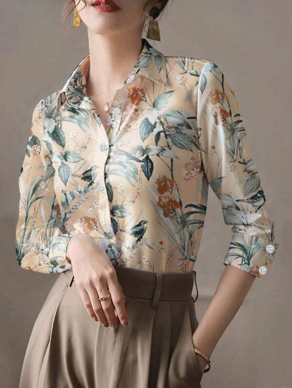 Chemise à manches longues à simple boutonnage avec imprimé de plantes tropicales pour femmes