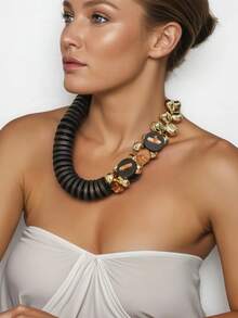 1 chiếc vòng cổ thiết kế độc đáo màu tương phản, lát gỗ + vòng cổ dệt hạt vàng, điểm nhấn thời trang - Nhiều màu - Xem 2