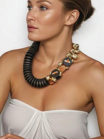 1pc Unique Design Contrasting Color Necklace, Wooden Slice + Golden Beaded Woven Necklace, Fashionable Focal Point