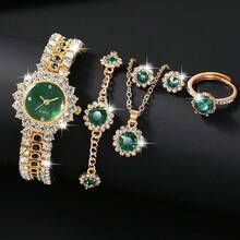 一套女士时尚绿色全镶钻石英手表套装，包含项链、耳环、手链、戒指等配饰，适合日常佩戴、生日礼物、派对、节日聚会等场合，是送给自己或朋友的理想礼物。不含礼盒。 - 金色 - 查看 10