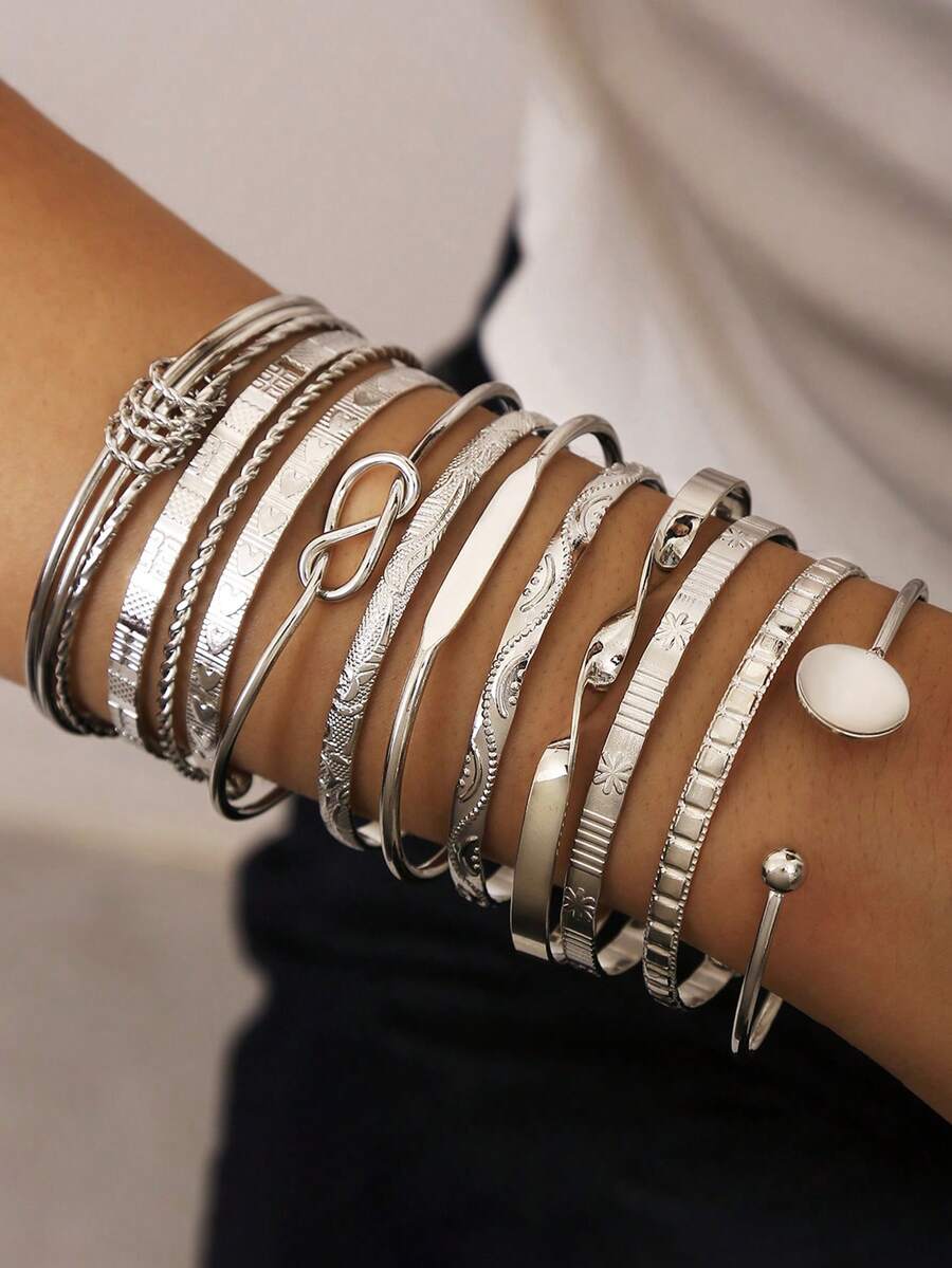 12pcs/Set Minimalist Geometric Multi-Layer Vintage Bracelet Set, Suitable For Parties, Gifts, And Daily Wear - Silver - View 1