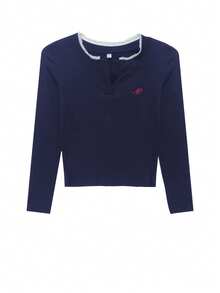 Autumn/Winter Korean Style Lace Patchwork Round Neck Button Design 2 In 1 Long Sleeve T-Shirt - Blue - View 9