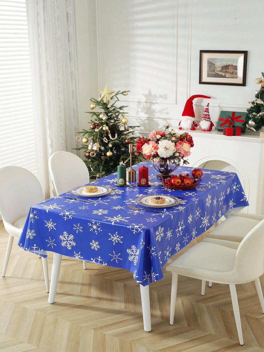 Obrus z tworzywa sztucznego PVC, ozdobiony płatkami śniegu, bałwanami i wzorami Świętego Mikołaja na Boże Narodzenie, odpowiedni do dekoracji blatu kuchennego w okresie Bożego Narodzenia, w 100% wodoodporny, odporny na olej i łatwy do czyszczenia